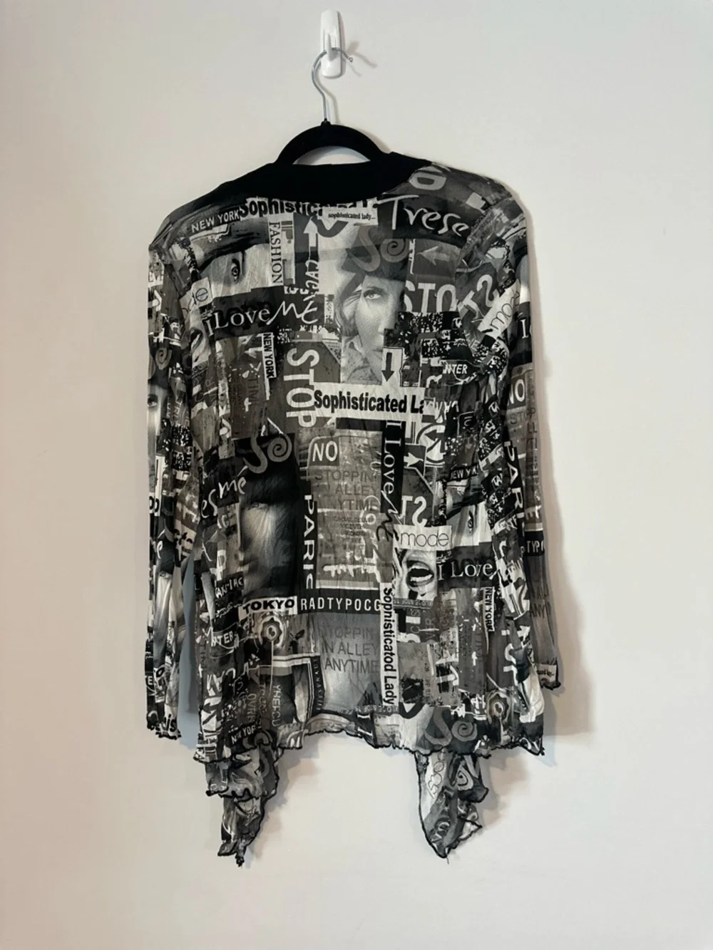 Black Gray Printed Open Front Cardigan Women’s Small Draped Lightweight Y2K - Picture 5 of 11